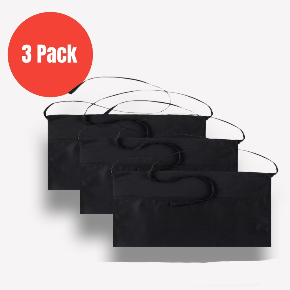 3 Pack - Black Change Aprons 3 Pockets with String Ties